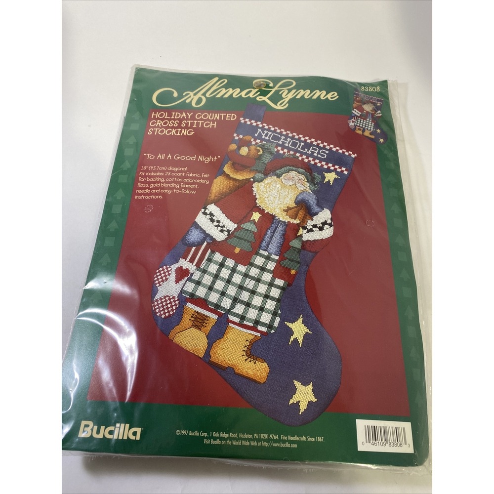 Bucilla Cross Stitch Stocking Kit Unisex 18in Blue New Santa Alma Lynne 83808